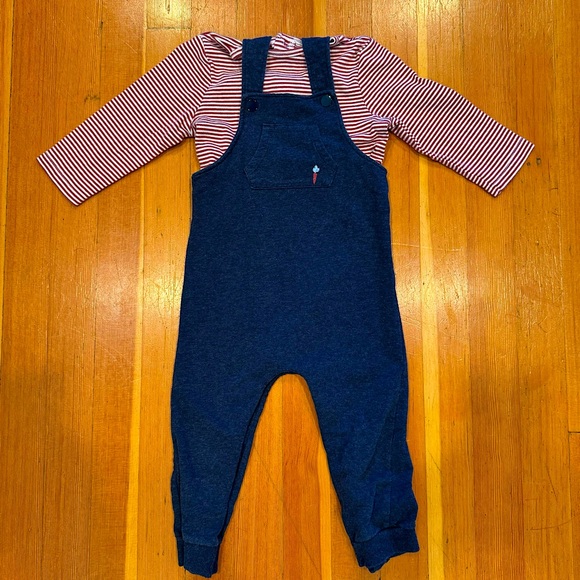 FOCUS KIDS 24mo Navy Blue Overalls & Red Striped Shirt - Picture 1 of 8